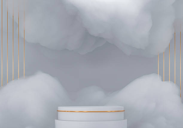 istock Pedestal and Delicate fluffy clouds, white soapy foam. 3d render illustration. 2224061539