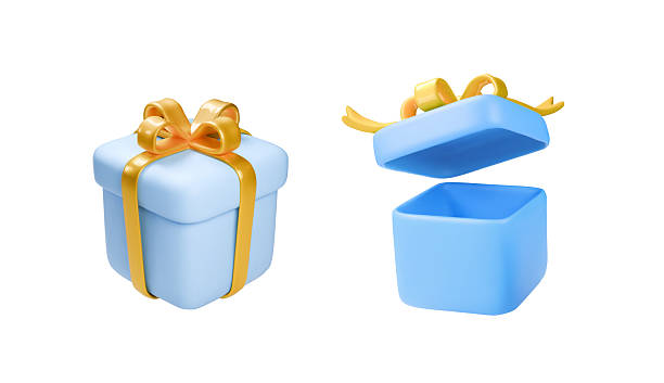 istock 3d realistic vector icon of blue gift box. Opened and closed gift boxes Set of white gift boxes with yellow golden ribbons bow. Present box isolated on white background. 2224063363