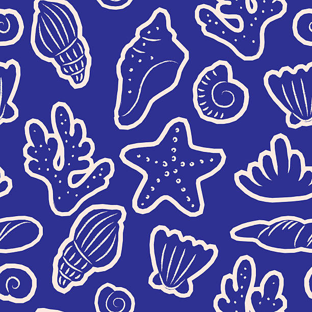 Seamless vector pattern with abstract sea shells, starfish, coral silhouettes. Contemporary art coastal summer background. Hand drawn beach print for wallpaper, wrapping paper, textile design