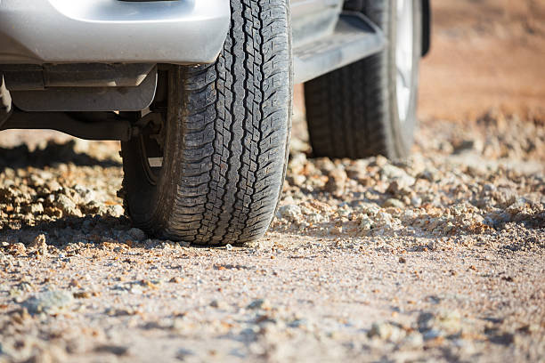 istock Hightway terrain tire on dirt track. 2224070299
