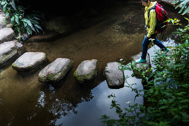 istock Female backpacker walking on stepping stones 2224070332