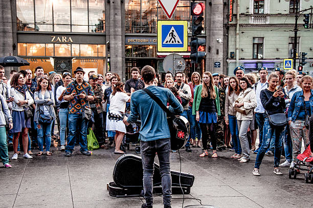 Saint Petersburg, Russia, 1 August 2015, Street musical band playing outside in town