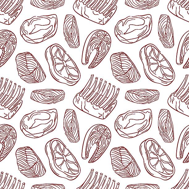 Seamless pattern with line art style pieces of meat and fish, steak, ribs and salmon on white background. Perfect for butcher shop packaging, wallpaper grocery design or culinary book.