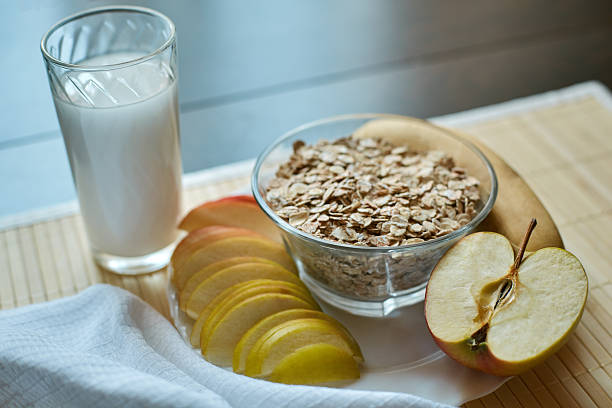 istock Breakfast. Oatmeal with milk, banana, apple and lemon 2224083239