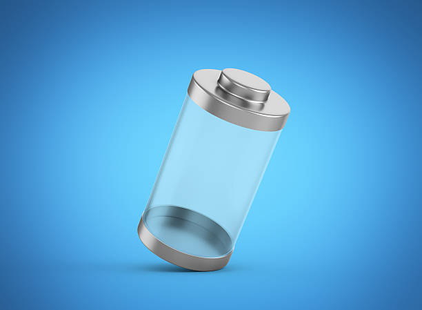 Transparent Empty Glass Battery Cell With Gray Metal Caps On Blue Background 3d Illustration