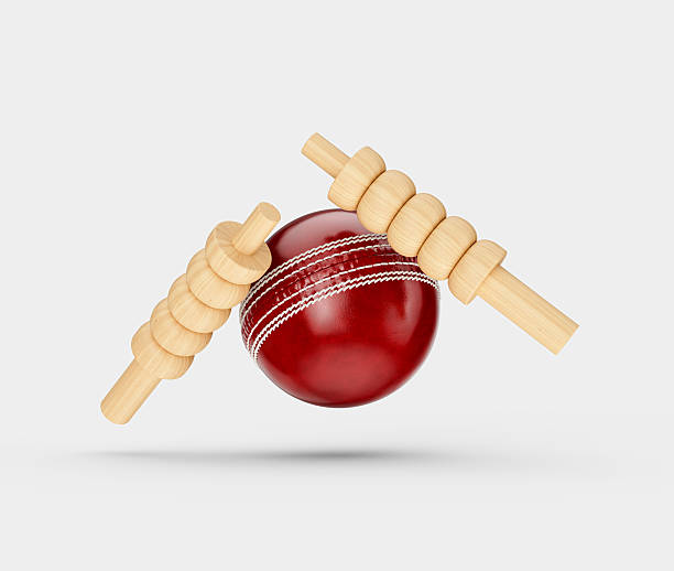istock Shiny Red Leather Stitched Test Cricket Ball With Two Wicket Bails White Background 3D Illustration 2224085600