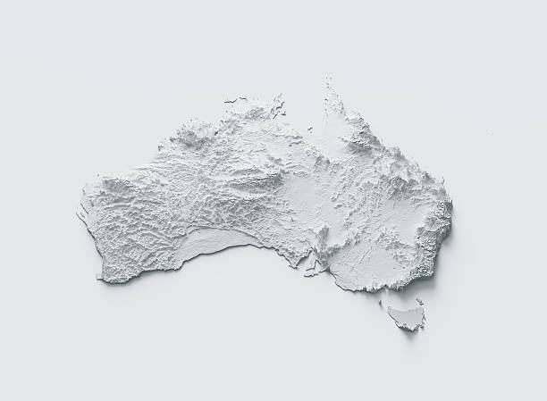 Australia Map Gray And White Shaded Relief Textured Map On White Background 3D Illustration\nSource Map Data: tangrams.github.io/heightmapper/,\nSoftware Cinema 4d