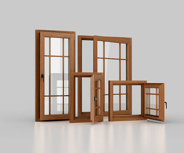 istock Set Of Four Wooden Framed Windows In Different Sizes With Multiple Glass Panes 3D Illustration 2224086781