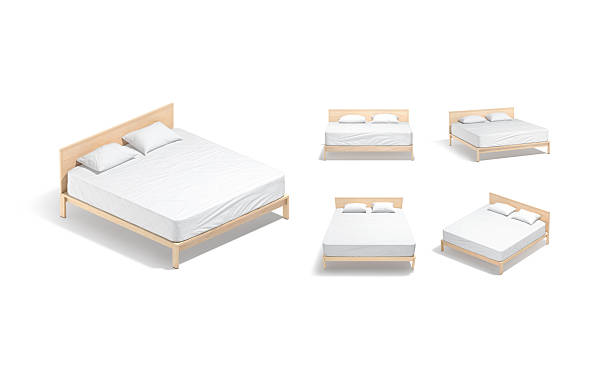istock Blank wooden double bed with white bedding mockup, different views 2224090166