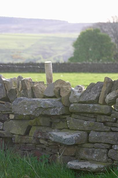 istock Flat stones wedged into a dry stone wall, creating steps in order to climb over the wall with a view of the countryside, fields ahead 2224092070