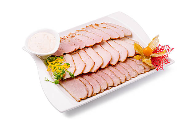 istock Sliced meat platter with sauce and garnish on a white serving dish 2224092561