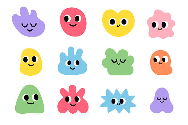 Bright abstract shapes with smiling faces in playful colors, ideal for kids design, fun projects, and creative illustrations