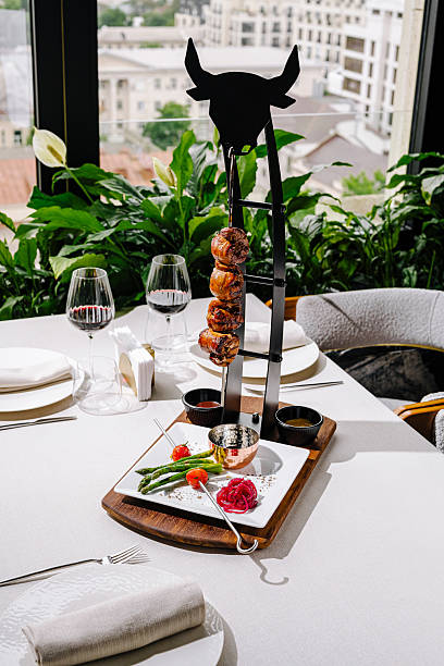 Unique dining experience with elegant presentation in a modern restaurant
