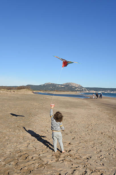 back view of a boy playing with a kite on the beach