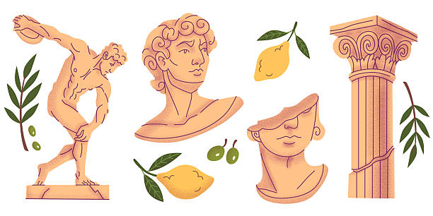 Ancient Greek doodle illustrations with classical statue, busts, column architecture and Mediterranean olive, lemon and leaves branches. Archaeological elements for historical education, museum design