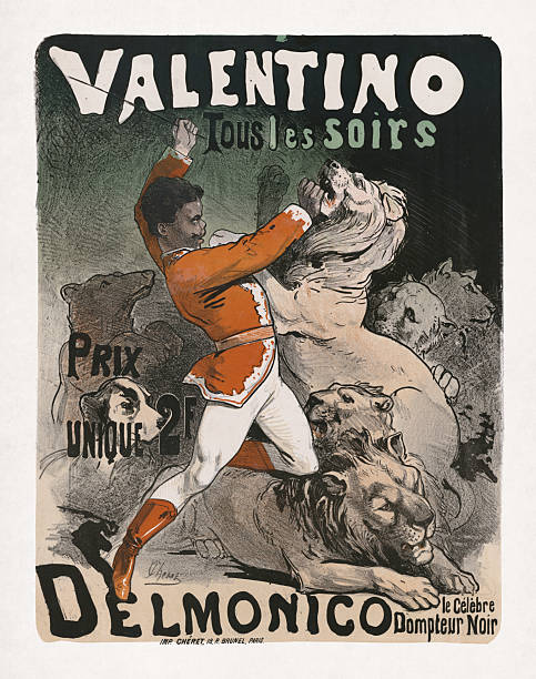 Color lithograph produced by Jules Chéret to advertise about Delmonico, the famous Black lion tamer, performing every nights at the Valentino (it was a well-known entertainment hall in Paris, located at Rue du Faubourg Saint-Honoré.).