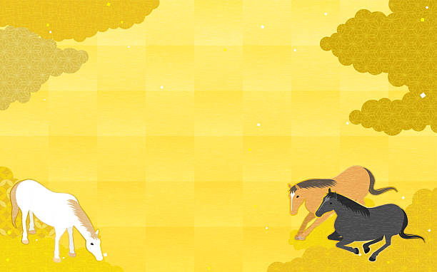 istock Elegant horses resting together and grazing on golden Japanese cloud pattern background, traditional and luxurious New Year style illustration 2224113003