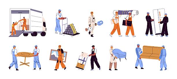 illustrazioni stock, clip art, cartoni animati e icone di tendenza di set di persone caricatore. i traslocatori caricano scatole di cartone sul camion. i corrieri consegnano pacchi, trasportano mobili per il trasloco. servizio di consegna. illustrazioni vettoriali isolate piatte su sfondo bianco - addetto ai traslochi