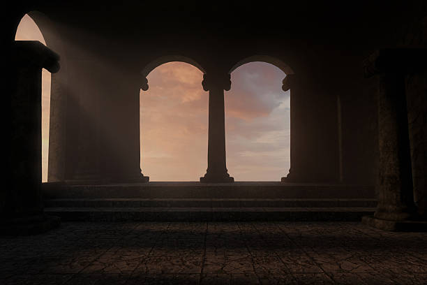 istock 3D Rendering of wide hall with ionic columns and view to beautiful sky 2224123020