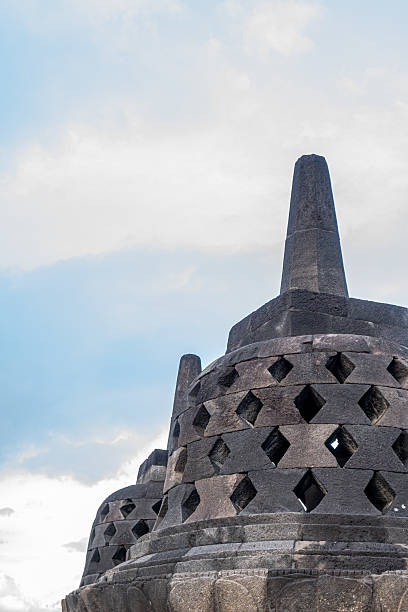 Low Angle Detailed Borobudur Temple Architecture and Cloudy Sky Scenery