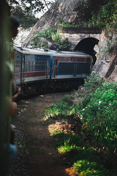 istock Train entering tunnel in lush green mountain landscape 2224127784