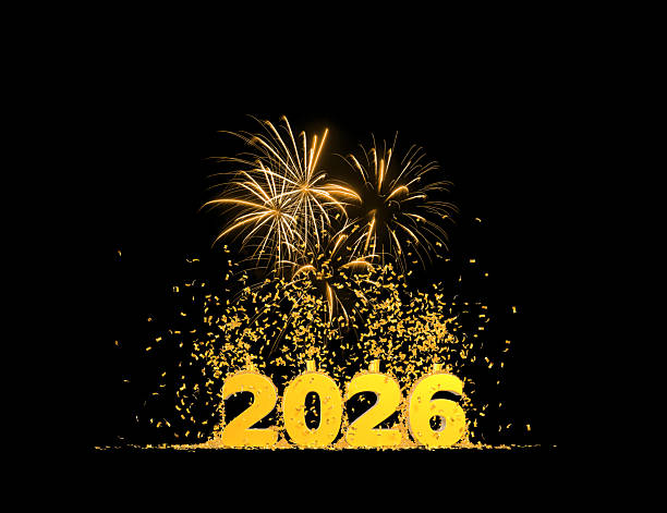 istock golden 2026 text under golden confetti and fireworks - black background 2224128133