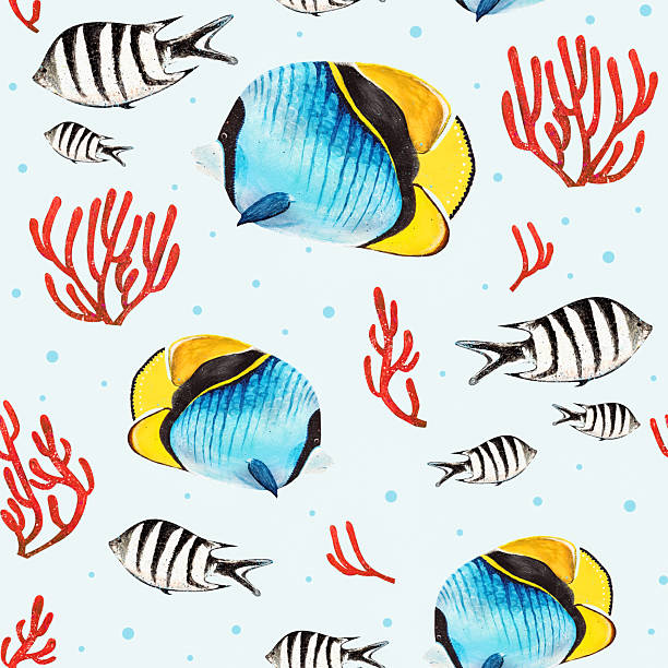 istock Colorful fish swimming through coral in a vibrant underwater scene with artistic designs in a light blue background 2224136666