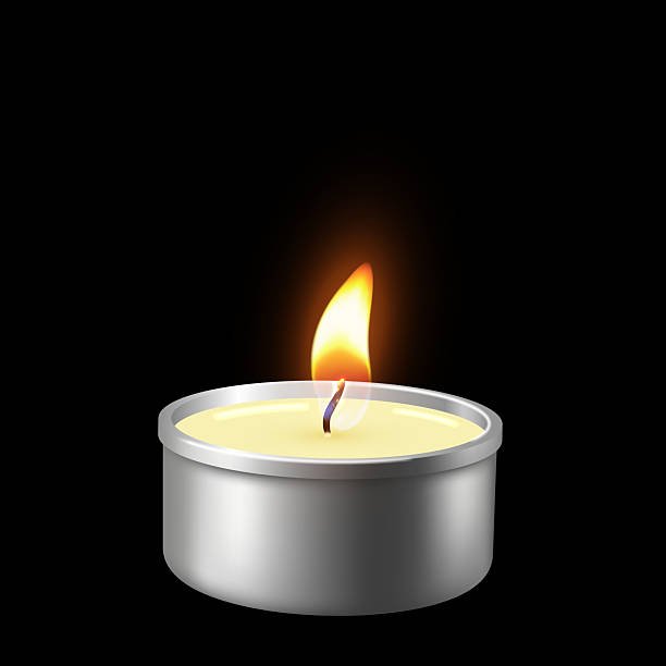 istock Burning tea candle 3D vector illustration, realistic glowing lit wax paraffin candle with fire flame, event decoration 2224138412