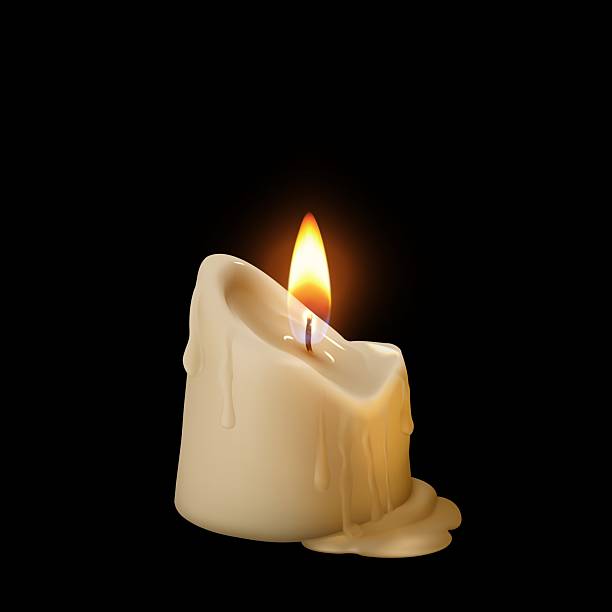istock Realistic burning candle with flowing wax 3D vector illustration, glowing lit melted paraffin candle with fire flame 2224138467