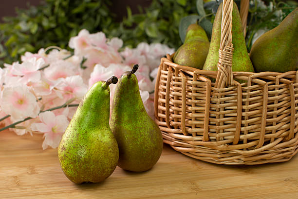 Conference Pears in a basket.