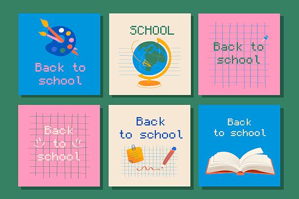 Back to schoo Back to school banner set with books, globe, palette and pencil. Hand-drawn style illustrations for cards, flyers and promotional materials on college, school themes. Pixel art style back to schoo stock illustrations