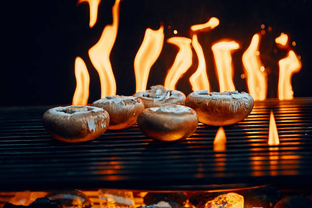 Mushrooms on BBQ Grill with Open Flames