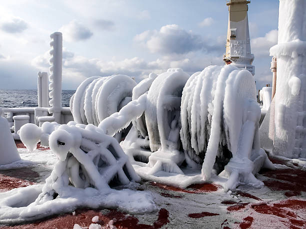 Icebreakers on river crushes the ice in cold winter. Aerial view of nature in winter.