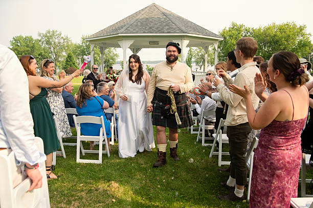 istock Newlyweds walking the aisle at wedding ceremony outdoors in summer. 2224157295