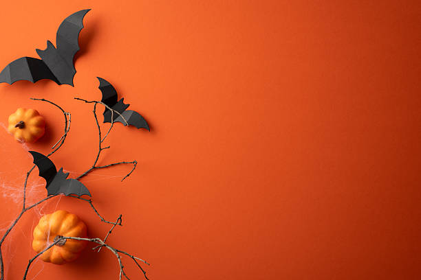 istock A festive Halloween themed arrangement featuring black paper bats, pumpkins, and bare branches on an orange background, evoking a sense of spooky celebration and seasonal charm 2224158483