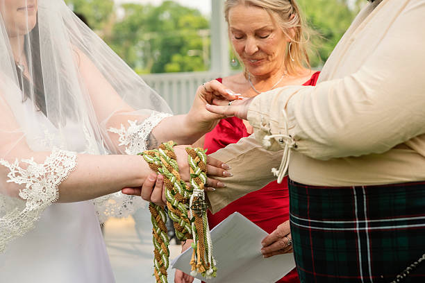 Close-up on tied hands and ring in wedding ceremony. One spouse is a non-binary person, dressed in a Scottish kilt with a beret, body positive bride dressed in white, arms are tied with a rope according to ancient Celtic tradition. Horizontal close-up outdoors shot. This was taken in Quebec, Canada.
