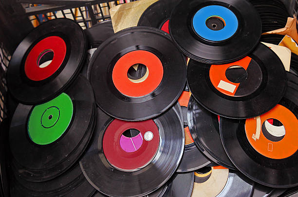 Vintage music record on top of a pile of record sleeves