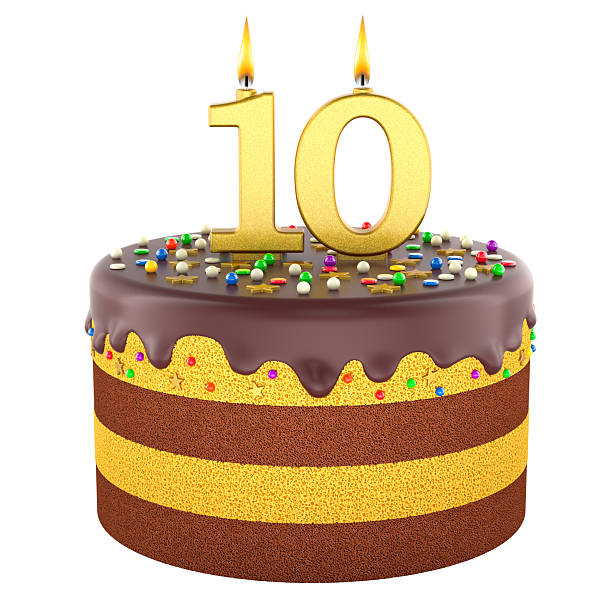 istock Birthday cake with 10 candles, cake with chocolate icing and colorful sprinkles. 3D rendering 2224165673