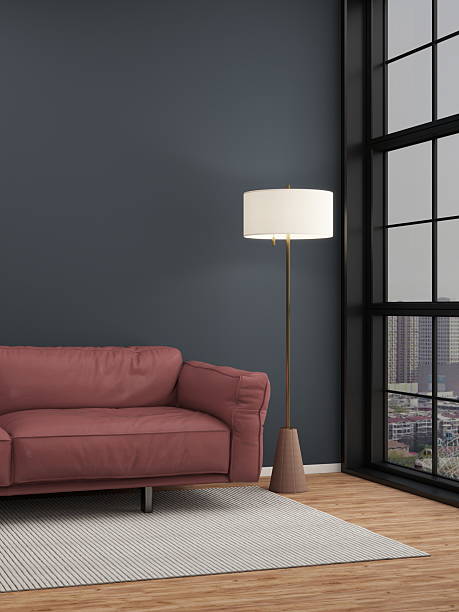istock Modern living room with a red sofa and interior design and a panoramic window 2224178314