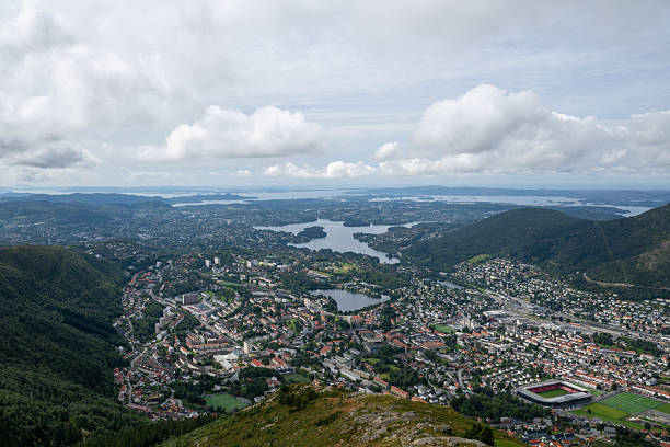 View of Bergen Norway from Ulriken mountain. Ulriken is the highest of the Seven Mountains that surround the city of Bergen, Norway.