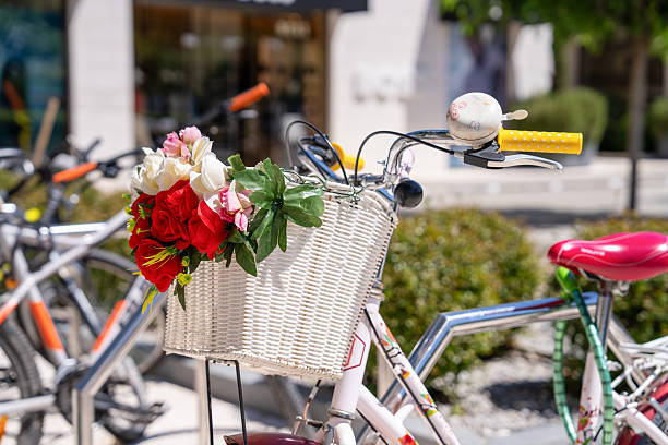 istock Vibrant bicycle with flower basket in sunlit urban setting 2224179781