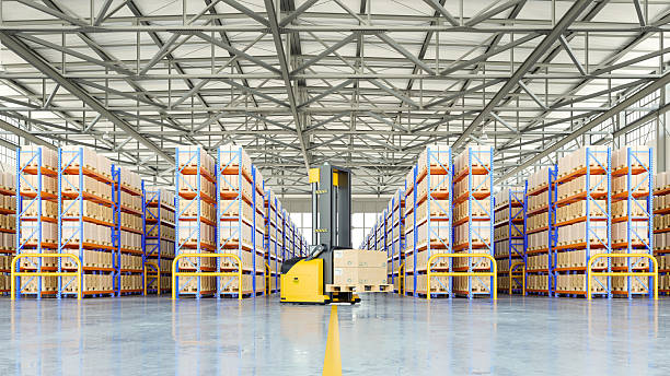 istock Automated warehouse robot lifting packages in modern storage facility- 3D rendering 2224191284