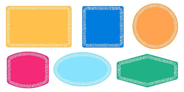 Doodle embroidery Doodle colorful embroidery patches set. Hand drawn geometric frames with stitches. patchwork stock illustrations