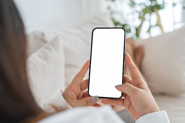 istock Human working on modern smartphone with blank white mobile screen for advertising, mockup, technology, advertising, search information, creative design, social media, online marketing, chat, phone 2224198613