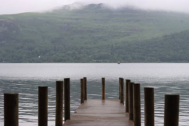 Snow on a wooden pier leading out into Loch Earn in the Trossachs of Scotland.