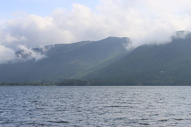 View of Keswick and Derwent Water from the ascent of Catbells in the Lake District of Cumbria, England.