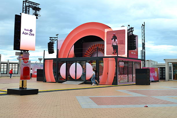 Blankenberge, West-Flanders, Belgium July 6, 2025: Radio 2 aan Zee animation installation is ready for broadcasting from the beginning of July for the entire summer on the beach promenade