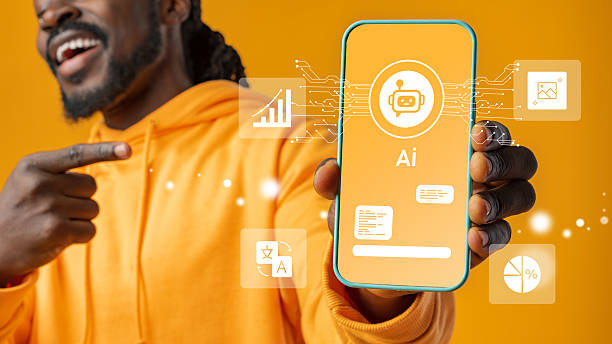 istock Man showcasing smartphone with AI applications, colorful background, technology enthusiast engaging with digital features 2224213719