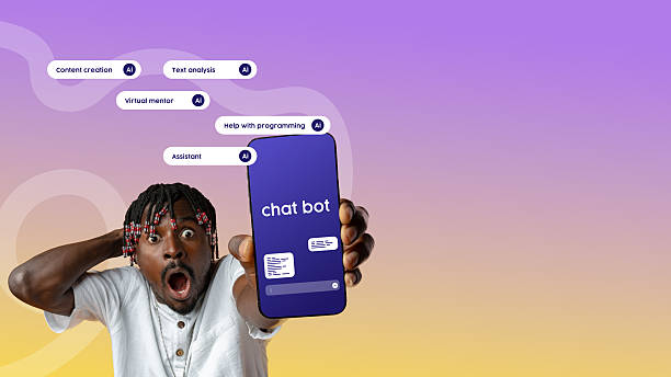 istock Excited individual showcasing chatbot features on a smartphone in a vibrant and colorful setting 2224215637