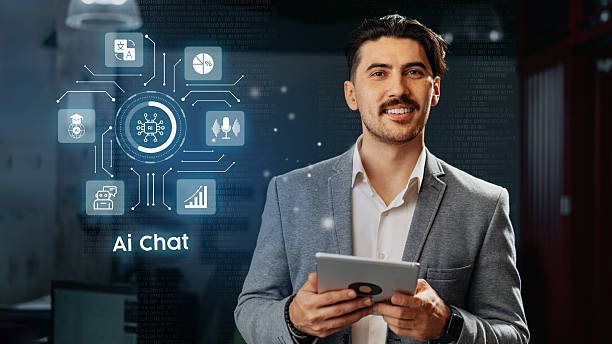 istock Professional man engages with technology in a modern office environment showcasing AI chat features 2224216167